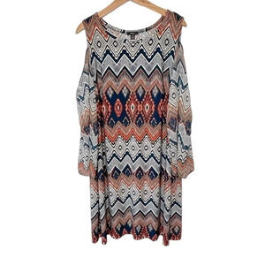 R & K 18W multi-color boho print cold shoulder sheer‎ bell sleeves dress